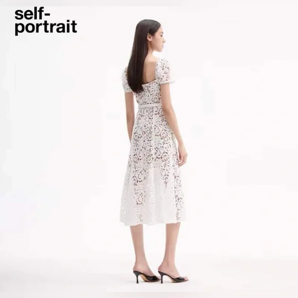 Self Portrait WHITE FLORAL LACE MIDI DRESS - Picture 2 of 4